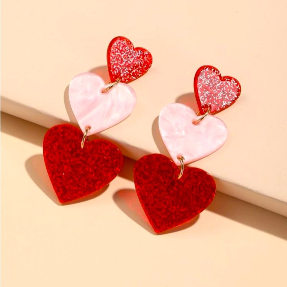 Love, Dahling, Laahve ♥️💖♥️Red & Pink SPARKLE HeartS Drop Earrings - Picture 3 of 10